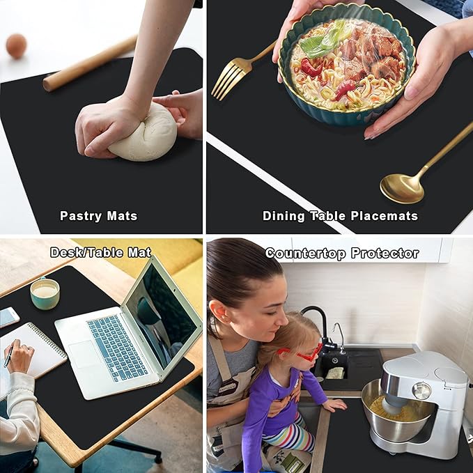 2 Pack Extra Large Silicone Mats for Baking Crafts, Multipurpose Kids Dinner Placemat Desk Countertop Waterproof Protector Heat Insulation Kitchen Pastry Rolling Dough Pad, Black, 23.6 x15.75 Inch