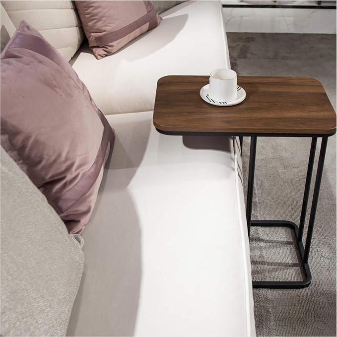 C Shaped Side Table, Small End Table MDF Black Walnut Coffee Table, Modern Simplicity C End Table with Steel Frame for Living Room, Bedroom (Black Walnut)