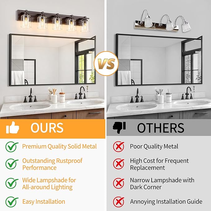 5 Light Modern Bathroom Light Fixtures Over Mirror, Bronze Finish Vanity Lights for Bathroom Wall Sconces with Clear Glass Shades, E26 Socket (Bulbs Not Included)