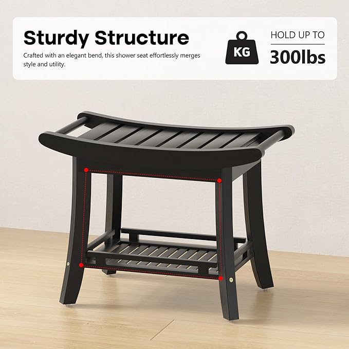 Bamboo Shower Bench Chair Bathroom Shower Stool Seat for Inside Shower Bathtub with Storage Shelf Shower Foot Rest for Shaving Legs 25.2 x 13 x 19.2 Inches Black