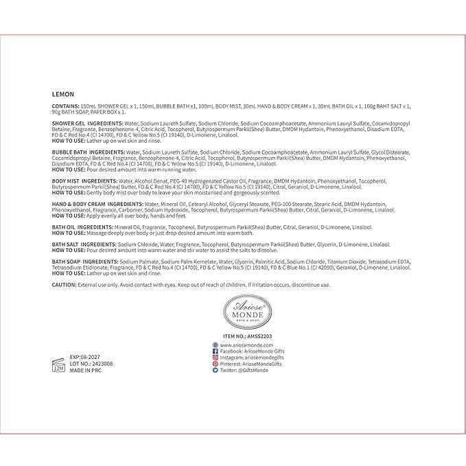 Lemon Scent Bath Spa Gift Box Set for Women - Shower Gel, Bubble Bath, Body Cream, Soap, Salt, Essential Oil