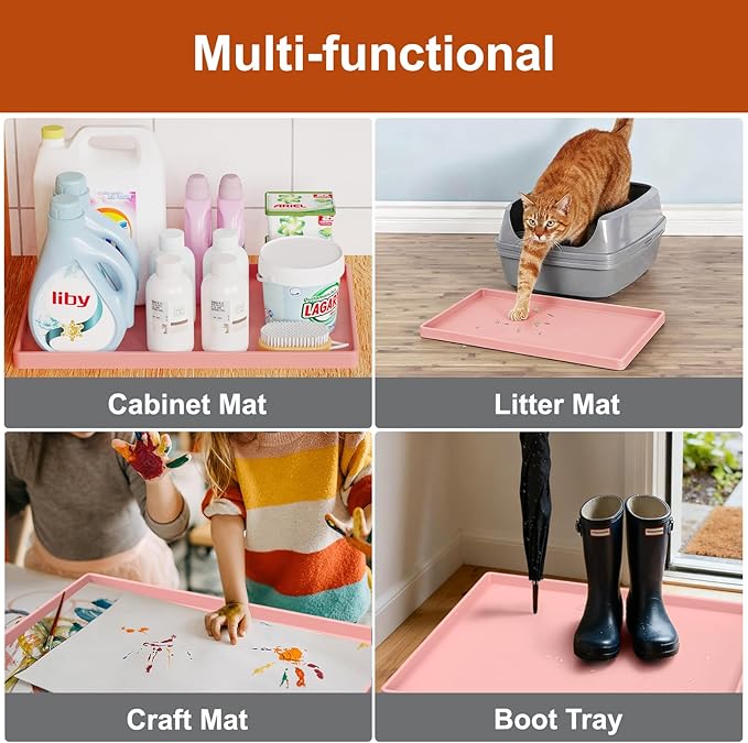 19” x 12” Heavy Duty Waterproof Silicone Mat with Raised Edge, BPA Free Non-Slip Dog & Cat Food Mat, Feeding Mat for Food and Water Bowls, Spill Proof Mat to Protect Floors, Pink