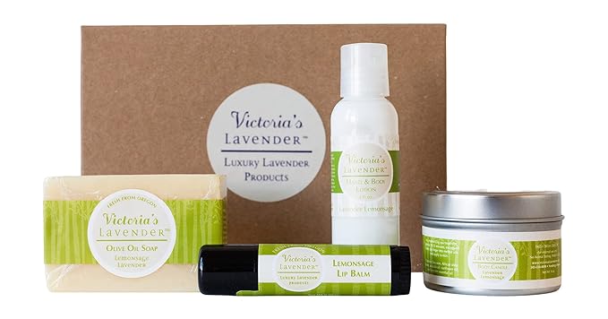 Victoria's Lavender Natural Body Products Gift Set - Handmade Soap, Hand & Body Lotion, Lip Balm, Made in the USA Body Candle Skin Care Set & Kits, Bath & Body Products for Women, Lavender Lemongrass