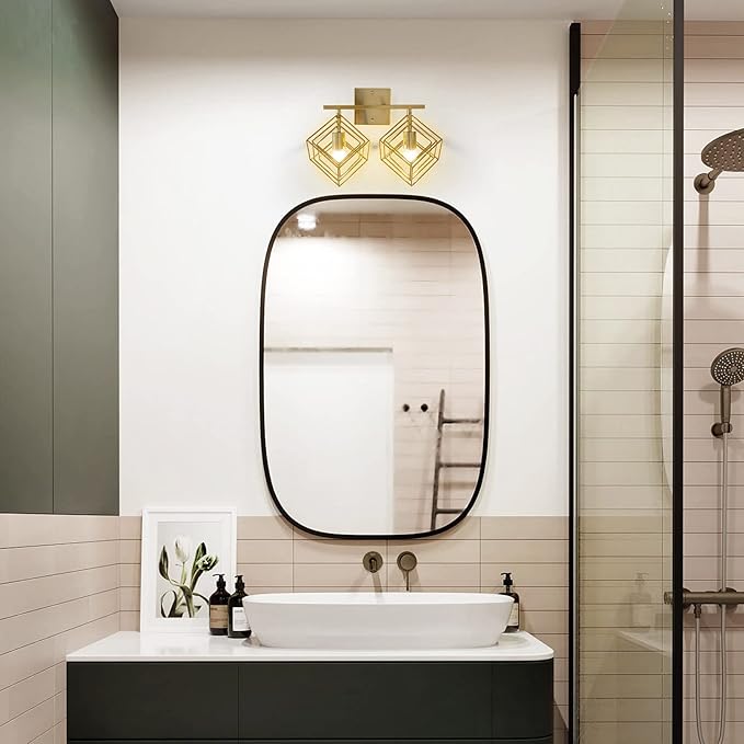 Bathroom Vanity Light with 2 Bulbs Bathroom Light Fixtures Over Mirror with Rotatable 2 Cube Shades Modern Wall Mounted Brushed Brass