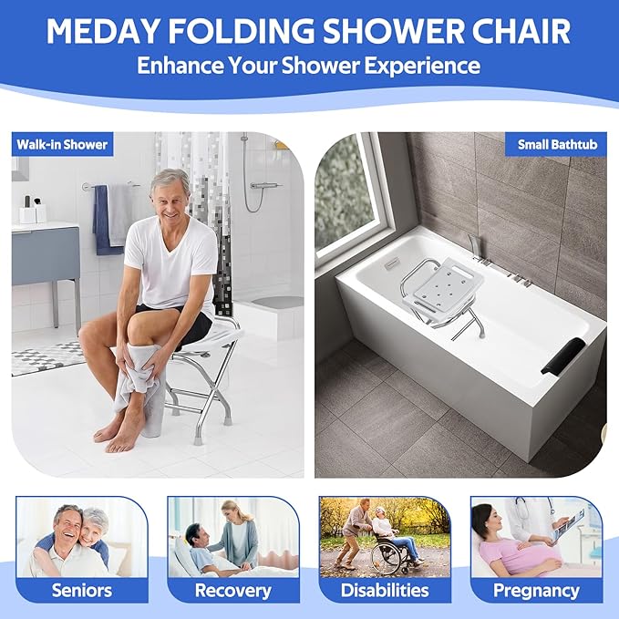 Folding Shower Seat - Stainless Steel Shower Chair for Inside Shower - 420lbs Height Adjustable Foldable Shower Stool - Portable Travel Collapsible Bath Bench for Elderly, Handicap & Disabled (Gray)
