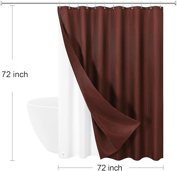 3 in 1 Shower Curtain Set, Brown Waffle Shower Curtain and PEVA Liner Set with 12 Stainless Steel Shower Curtain Hooks, Waterproof Fabric Shower Curtains for Bathroom, 72 W x 72 H