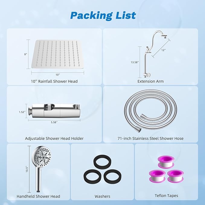 Hibbent Upgraded All Metal 10"Rainfall Showerhead Combo, High Pressure Shower Head with 10-Spray Mode Handheld, Innovative 4-way Diverter with Pause Mode, 71'' Shower Hose and Handheld Holder, Chrome