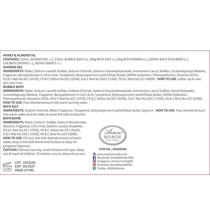 Bath Spa Gift Basket, Bath & Body Gift Set for Women & Men, Includes Shower Gel, Bubble Bath, Bath Salt, Bath Sponge, Spa Gift Box for Mother's Day, Birthday, Wedding, Honey & Almond 8pcs