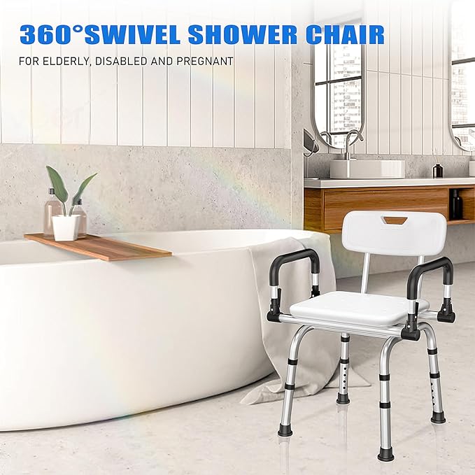 360 Degree Shower Chair Swivel,Shower Seat with Armrests and Back, Adjustable Bathroom Shower Chair