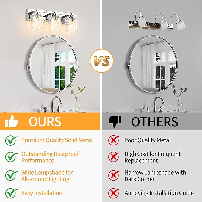 3 Light Modern Bathroom Light Fixtures Over Mirror, Chrome Vanity Lights for Bathroom Wall Sconces with Clear Glass Shades, E26 Socket (Bulbs Not Included)