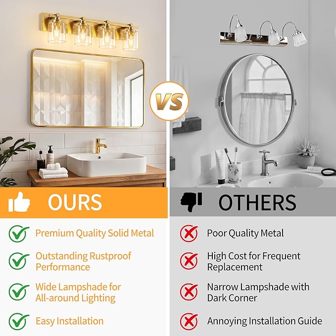 4 Light Modern Bathroom Light Fixtures Over Mirror, Brass Finish Vanity Lights for Bathroom Wall Sconces with Clear Glass Shades, E26 Socket (Bulbs Not Included)
