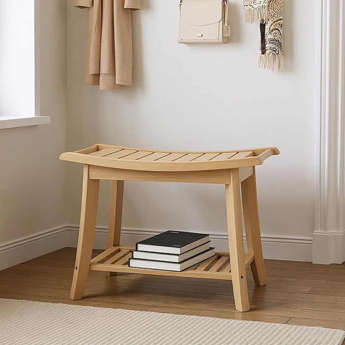 Bamboo Shower Bench Stool,24" Shower Chair Seat Non-Slip,Waterproof Bathroom Bench with Storage Shelf for Adults,Elderly, Disabled Indoor&Outdoor Use (Natural)