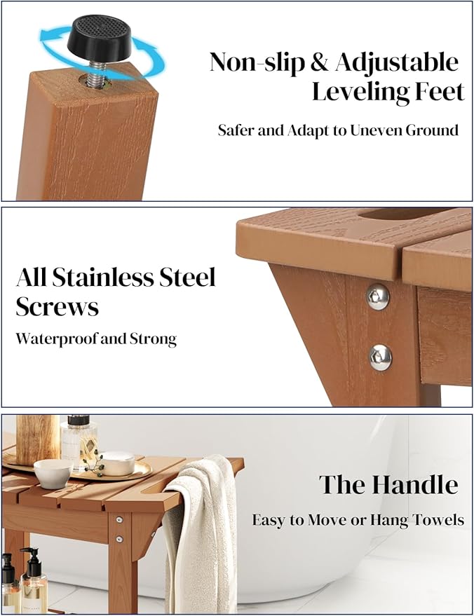 Waterproof Shower Bench, Poly Lumber Shower Stool for Shaving Legs, Shower Chair Seat with Storage Shelf and Handles, Bathroom Bench for Inside Shower, Non-Slip (Brown)