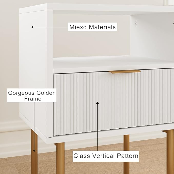 Masupu Nightstand,Mid-Century Modern Bedside Table with Storage Drawer and Open Wood Shelf,Small Gold Frame Side Table for Bedroom,Living Room,White