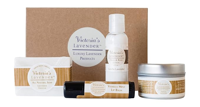 Victoria's Lavender Natural Body Products Gift Set - Handmade Soap, Lotion, Lip Balm, Body Candle Skin Care Sets & Kits, Made in the USA Lavender Bath Products for Women, Vanilla Lavender