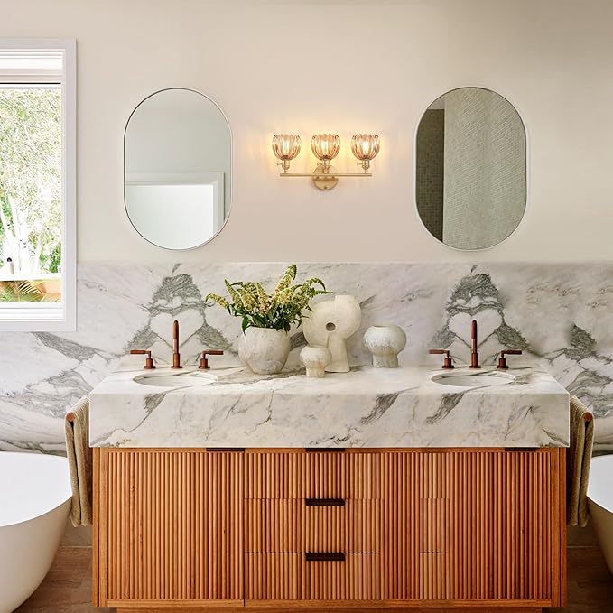 Bathroom Light Fixtures, 3-Light Brass Vanity Wall Light Over Mirror with Amber Tulip Glass Shade for Bedroom Living Room (Bulb Not Included)