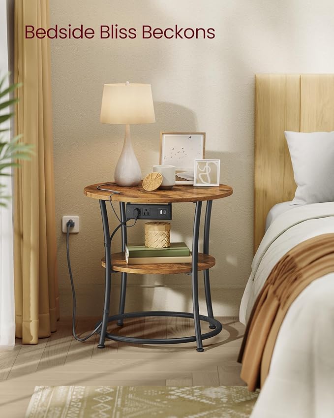 VASAGLE Side Table, 2-Tier Round End Table with Power Outlets, Nightstand with Steel Frame for Small Spaces, Living Room, Bedroom, Rustic Brown and Ink Black ULET077K01
