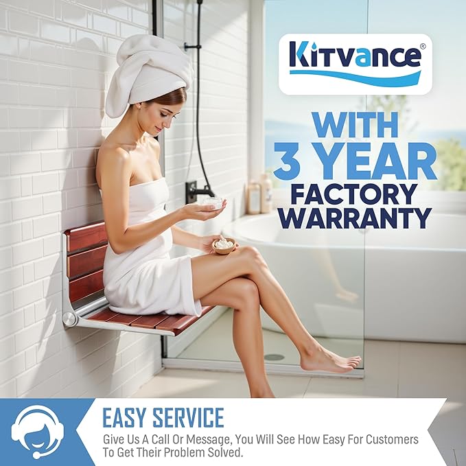 Upgraded 18" ADA Compliant Folding Teak Shower Seat Wall Mounted-Teak Folding Shower Bench, Folding Shower Seat for Inside Shower, Teak Foldable Shower Chair, Fold Down Shower Seat, Max Load 400lbs