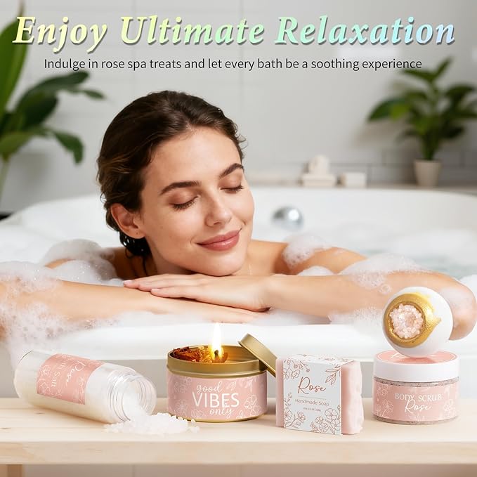 Spa Gifts for Women Bath Gift Set, Rose Relaxing Spa Gift Baskets Home Bath Set Self Care Kit Care Package Thank You Christmas Birthday Gifts for Women Mom Her Friends Sister Teen Girl Wife Grandma