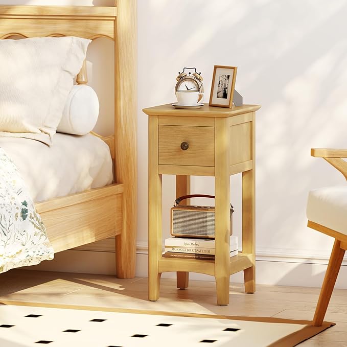 Giantex Narrow End Tables with Drawer Set of 2, 23.5" H Side Table w/Open Storage Shelf & Solid Wood Frame, Small Night Stands for Dorm Living Room, Bedroom, Small Spaces, No Assembly Needed, Natural