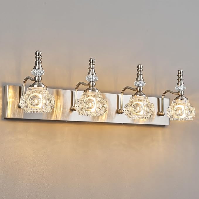 Modern Glass Crystal Vanity Light - Vintage Bathroom Lighting Fixtures Over Mirror, 4 Light Vanity Lights G9 Bulb (27.55 Inch, Nickel)