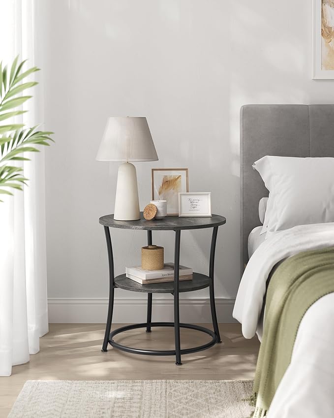 VASAGLE Side Table, 2-Tier Round End Table, Nightstand with Steel Frame for Small Spaces, Living Room, Bedroom, Misty Gray and Ink Black