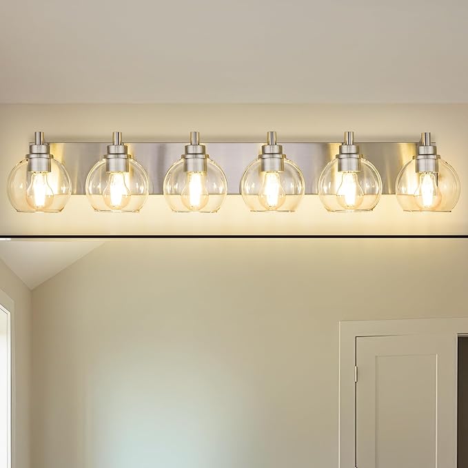 Bathroom Light Fixtures, 6 Light Brushed Nickel Vanity Light, 38 Inch Modern Wall Sconces with Globe Clear Glass Shade, Vanity Lighting Fixtures Over Mirror, VL195-BN-6