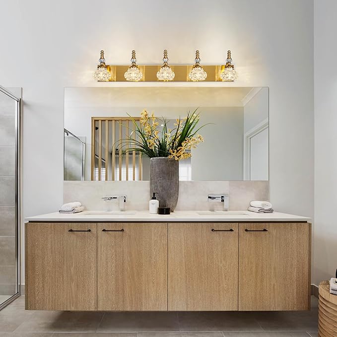 Modern Glass Crystal Vanity Light - Vintage Bathroom Lighting Fixtures Over Mirror, 5 Light Vanity Lights G9 Bulb (35.43 Inch, Gold)