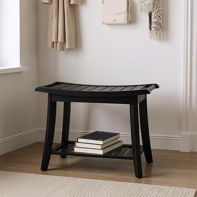 Bamboo Shower Bench Stool,24" Shower Chair Seat Non-Slip,Waterproof Bathroom Bench with Storage Shelf for Adults,Elderly, Disabled Indoor&Outdoor Use (Black)