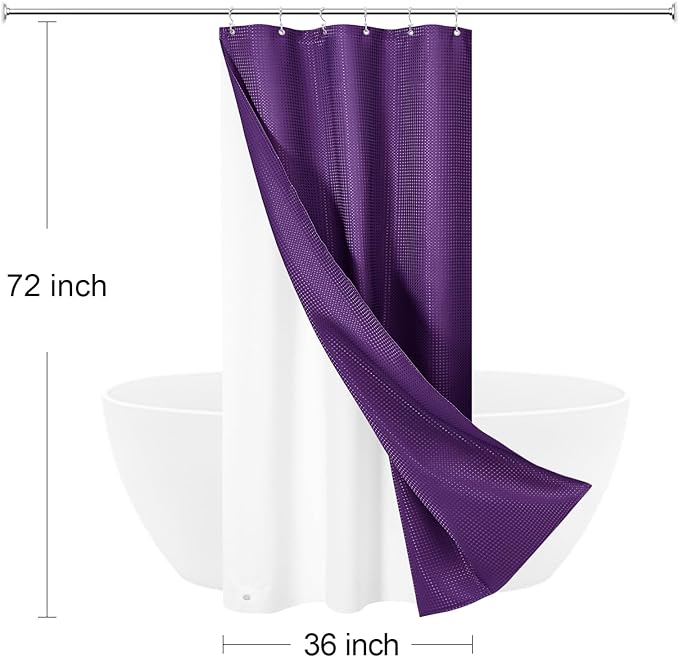 3 in 1 Stall Half Size Purple Shower Curtain Set-36 W x 72 H, Modern Waffle Waterproof Fabric and PEVA Liner Set with Stainless Steel Hooks