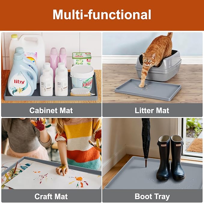 19” x 12” Heavy Duty Waterproof Silicone Mat with Raised Edge, BPA Free Non-Slip Dog & Cat Food Mat, Feeding Mat for Food and Water Bowls, Spill Proof Mat to Protect Floors, Gray