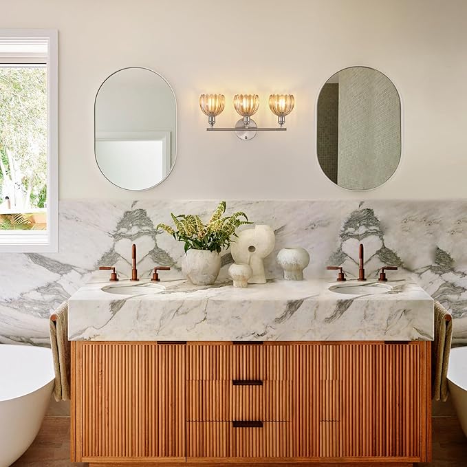 Bathroom Light Fixtures, 3-Light Vanity Wall Light Over Mirror with Amber Tulip Glass Shade for Bedroom Living Room (Bulb Not Included), Satin Nickel