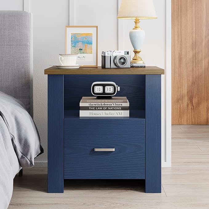 4ever2buy Farmhouse Nightstand with Storage Drawer, Bedside Table with Metal Handle&Open Wood Shelf, Rustic End Table for Bedroom, Living Room, Blue