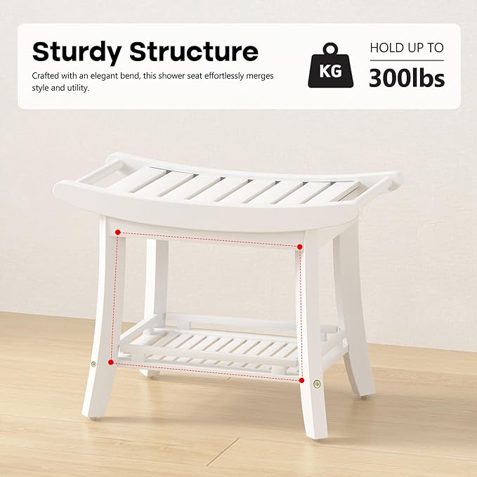 Bamboo Shower Bench Chair Bathroom Shower Stool Seat for Inside Shower Bathtub with Storage Shelf Shower Foot Rest for Shaving Legs 25.2 x 13 x 19.2 Inches White