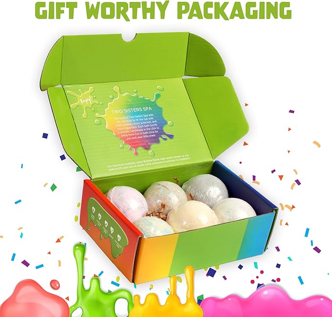 Bubble Bombs for Kids with Surprise Bath Slime Inside (6 Pack) - Colorful Sensory Toys Inside for Boys & Girls – Fizzes, Foams & Bubbles, Fruity Scents, Made in USA by Two Sisters