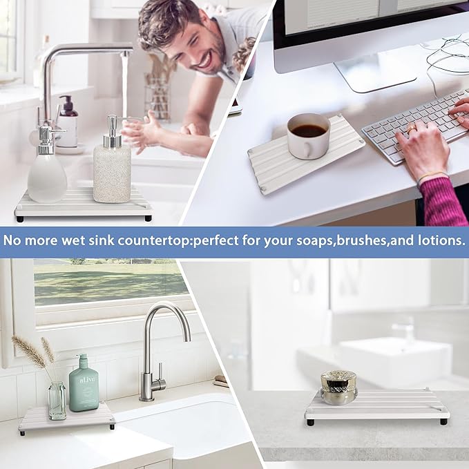 2 PCS Water Absorbing Stone Trays for Bathroom Counter, Fast-Drying Faucet Mat for Kitchen Sink, Diatomite Sink Caddy, Hand Soap Holder with Anti-Skid Feet (9.5" x 4.7" White)