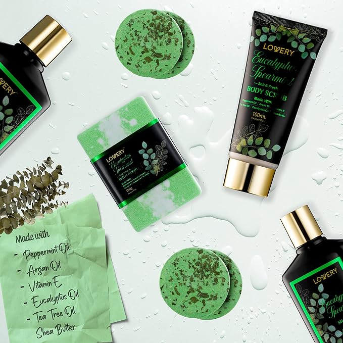 Christmas Eucalyptus Spearmint Bath Set, Home Spa Set with Natural Mint Fragrance, 17 Pcs Gift Basket, Eucalyptus Bath Oil, Shower Gel, Bubble Bath, Bath Crystal, Steamer Tablet & More, Birthday Gift