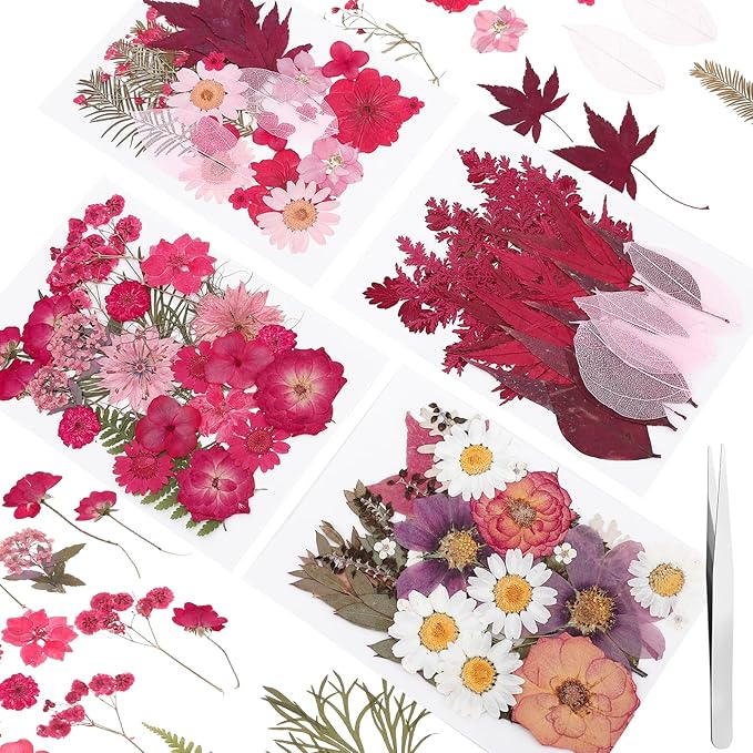 100 Pcs Dried Pressed Flowers, Real Natural Dried Wildflowers Leave with Tweezer Floral Decoration for DIY Crafts, Candle Making, Resin Mold and Scrapbooking Mixed Pink
