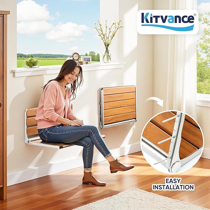 Upgraded 20" Folding Teak Shower Seat Wall Mounted- Shower Bench for Inside Shower, ADA Compliant Teak Shower Seat Wall Mounted Bench Bathroom Stool, Folding Bathtub Shower Seat for Adults Elderly