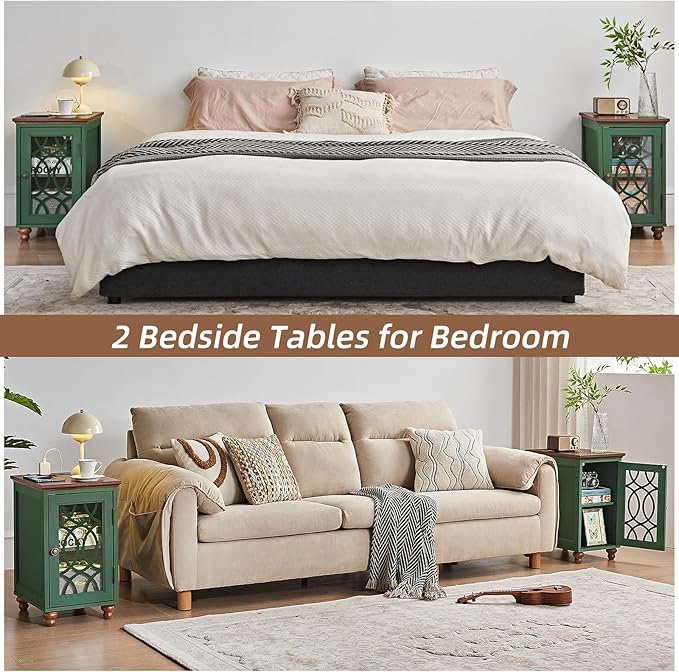 Narrow Side Table with Charging Station Set of 2, Night Stand with Glass Door,Bedside End Tables with Adjustable Shelf Storage Cabinet,Wood Nightstand for Small Spaces Living Room Bedroom