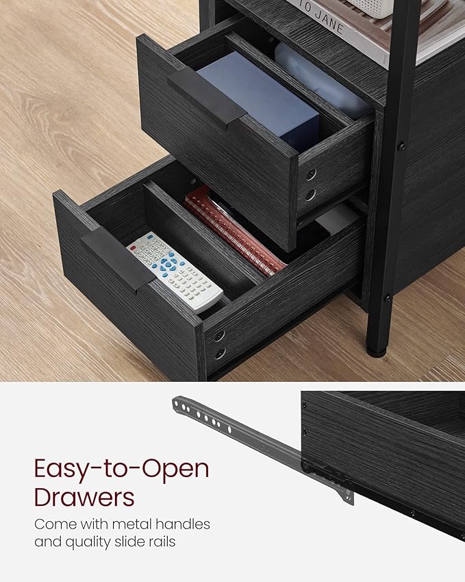 VASAGLE Side End Table with Charging Station, Slim Nightstand with 2 Drawers, Narrow Bedside Table for Living Room, Small Spaces, Charcoal Gray and Ink Black ULET321B22