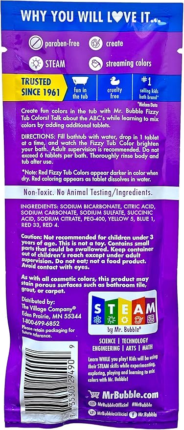 Mr. Bubble Fizzy Tub Colors Bath Water Coloring Tabelets, 6 Bright Colors, Red, Orange, Yellow, Purple, Blue and Green, Fragrance Free (12 Packets, 9 Tablets Each)