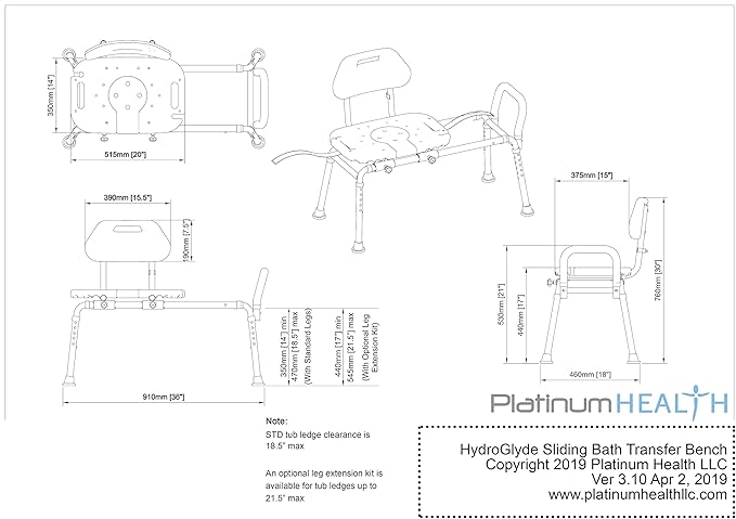 Platinum Health Sliding Shower Chair HydroGlyde Premium Heavy Duty, Padded Bathtub Transfer Bench with Cut Out Seat, for Bath Tub, Adjustable Legs, and Safety Belt, Quick Tool-Less Assembly, Gray