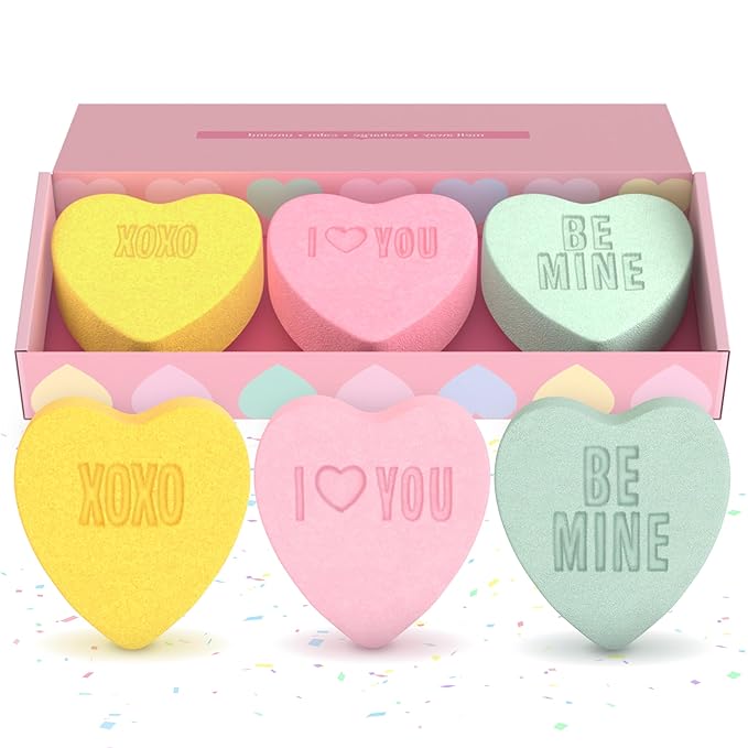 Candy Heart Bath Bombs for Women, Girls, & Teens (3 Pack) - Valentines Bath Bombs for Relaxing Bubble Bath - Moisturizing, Colorful & Scented, USA Made – Valentines Day Gifts for Her by Two Sisters