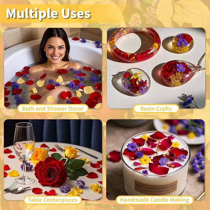 20+ Cups Real Dried Rose Petals Biodegradable Wedding Flower Confetti, 2 QT Mixed Yellow Red Roses Petals &Purple Statice for Flower Girl Wedding Bridal Proposal Bath