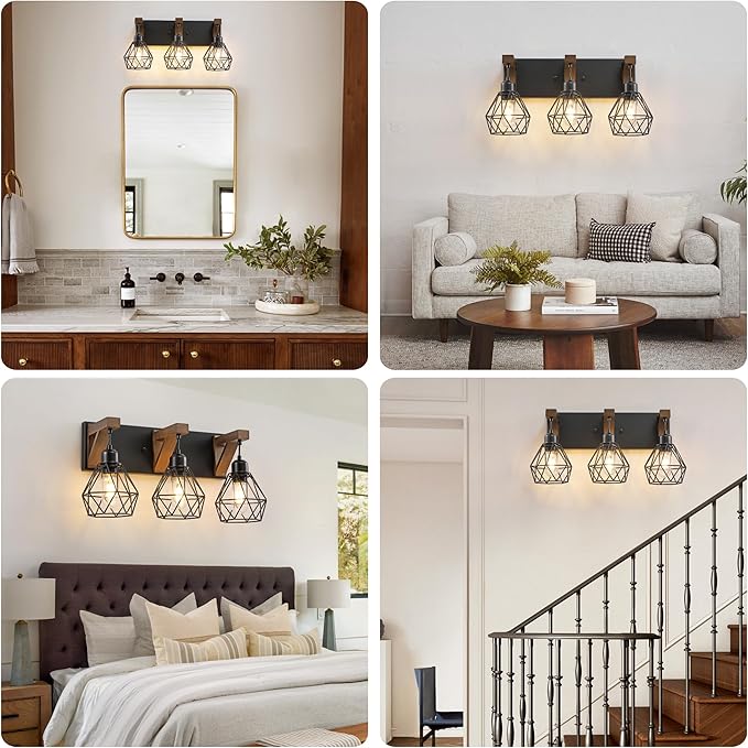 3-Light Farmhouse Bathroom Vanity Light Fixtures, Wood Bathroom Light Over Mirror, Rustic Sconces Wall Lighting with Elegant Metal Lampshade for Living Room, Bedroom, Hallway