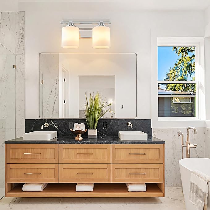 2 Light Modern Bathroom Light Fixtures Over Mirror, Chrome Vanity Lights for Bathroom Wall Sconces with Milky White Glass Shades, E26 Socket (Bulbs Not Included)