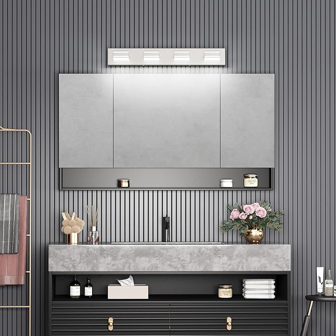 Ralbay 30inch Brushed Nickel Vanity Light for Bathroom 4-Light Metal Acrylic Modern LED Bathroom Light Fixtures