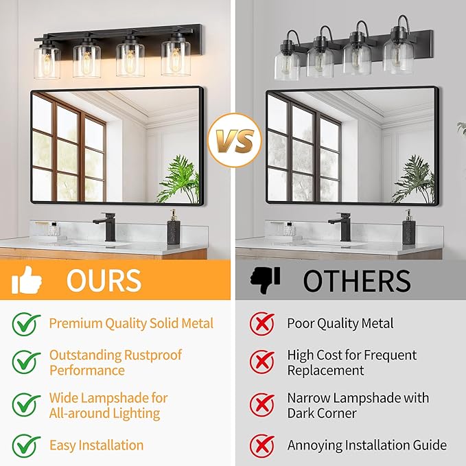 4 Light Modern Bathroom Light Fixtures Over Mirror, Black Vanity Lights for Bathroom Wall Sconces with Clear Glass Shades, E26 Socket (Bulbs Not Included)