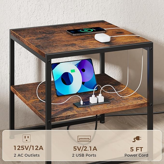 Tatub 20" End Table with Charging Station, Industrial Square Side Table with USB Ports & Outlets, Versatile 2-Tier Small Nightstand for Bedroom Living Room, Rustic Brown